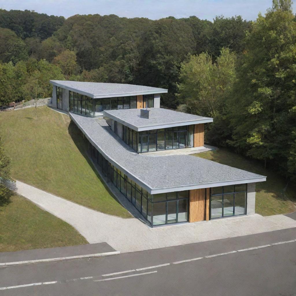 Generate a unique and visually striking primary school incorporating a sloping roof design, located on a sloping site. The image should be high-definition.