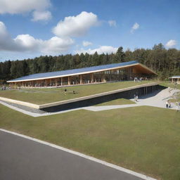 Generate a unique and visually striking primary school incorporating a sloping roof design, located on a sloping site. The image should be high-definition.