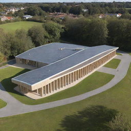 Generate a unique and visually striking primary school incorporating a sloping roof design, located on a sloping site. The image should be high-definition.