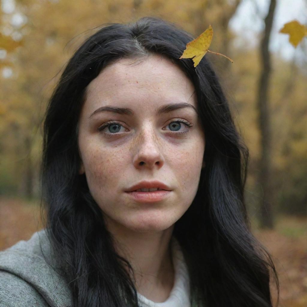 Capture a raw-style 4K HD, medium-distance, casual photo taken by a friend of a 23-year-old female with green eyes, freckles, and long black hair, as she watches autumn leaves drifting down.