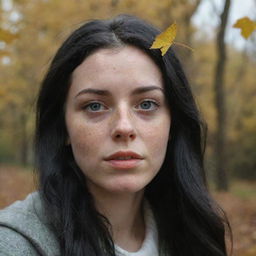 Capture a raw-style 4K HD, medium-distance, casual photo taken by a friend of a 23-year-old female with green eyes, freckles, and long black hair, as she watches autumn leaves drifting down.