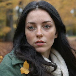 Capture a raw-style 4K HD, medium-distance, casual photo taken by a friend of a 23-year-old female with green eyes, freckles, and long black hair, as she watches autumn leaves drifting down.