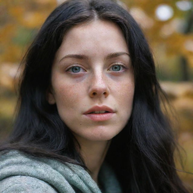 Capture a raw-style 4K HD, medium-distance, casual photo taken by a friend of a 23-year-old female with green eyes, freckles, and long black hair, as she watches autumn leaves drifting down.