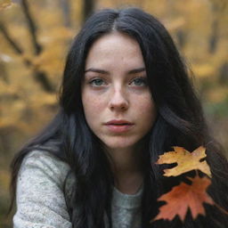 Capture a raw-style 4K HD, medium-distance, casual photo taken by a friend of a 23-year-old female with green eyes, freckles, and long black hair, as she watches autumn leaves drifting down.