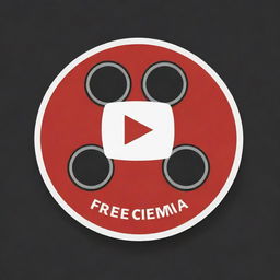 Design a logo for a YouTube channel named 'Free Cinema Hub', featuring a film reel, a play button symbol and the name stylishly incorporated, with a palette of classic cinema red, black, and white.