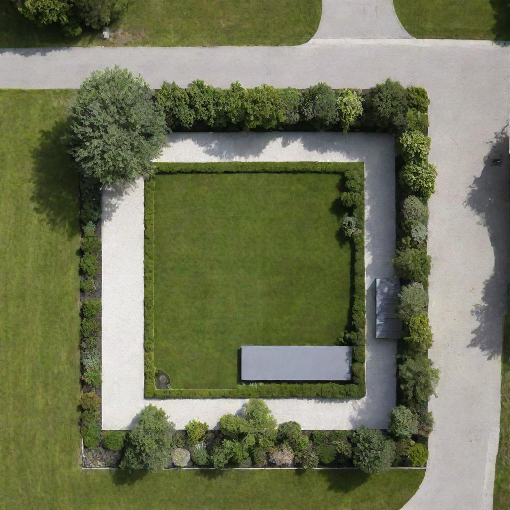 Architectural plan of a modern, well-designed house situated in the center of a rectangular plot, showing a landscaped garden and a driveway.