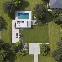 Architectural plan of a modern, well-designed house situated in the center of a rectangular plot, showing a landscaped garden and a driveway.