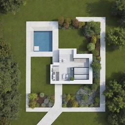 Architectural plan of a modern, well-designed house situated in the center of a rectangular plot, showing a landscaped garden and a driveway.