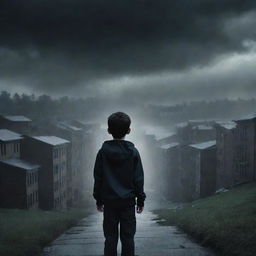 Create an eerie, atmospheric image of a curious boy looking towards the top of a slope where the school buildings exist, set against a dark and horrifying background during a storm.