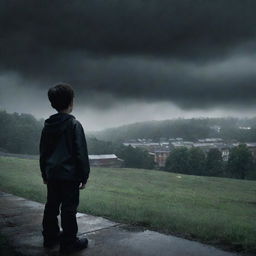 Create an eerie, atmospheric image of a curious boy looking towards the top of a slope where the school buildings exist, set against a dark and horrifying background during a storm.