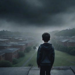 Create an eerie, atmospheric image of a curious boy looking towards the top of a slope where the school buildings exist, set against a dark and horrifying background during a storm.