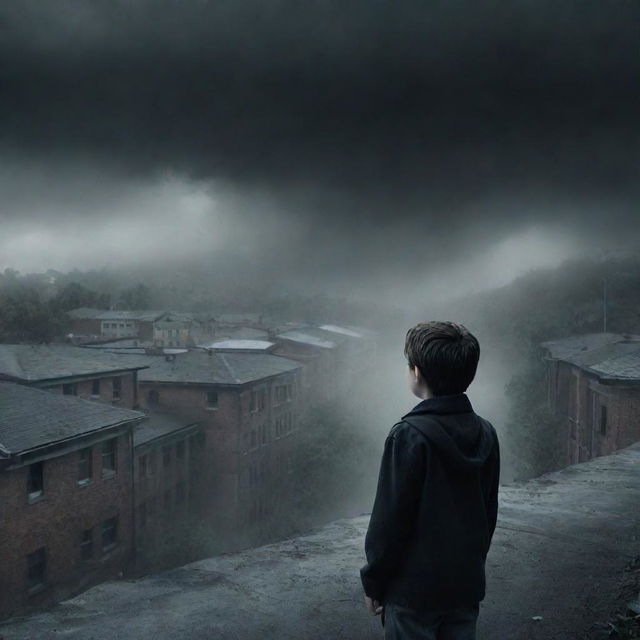 Create an eerie, atmospheric image of a curious boy looking towards the top of a slope where the school buildings exist, set against a dark and horrifying background during a storm.