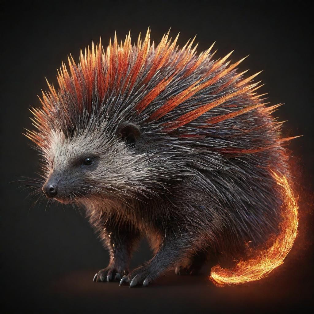 Generate an image of a porcupine merged with a dragon, prominently featuring the porcupine's quills and the dragon's scales, wings, and fiery breath.