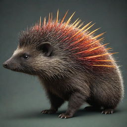 Generate an image of a porcupine merged with a dragon, prominently featuring the porcupine's quills and the dragon's scales, wings, and fiery breath.