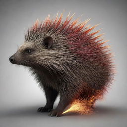 Generate an image of a porcupine merged with a dragon, prominently featuring the porcupine's quills and the dragon's scales, wings, and fiery breath.