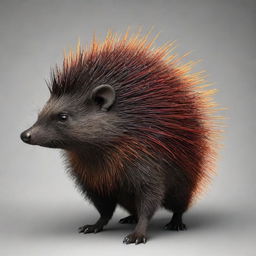 Generate an image of a porcupine merged with a dragon, prominently featuring the porcupine's quills and the dragon's scales, wings, and fiery breath.