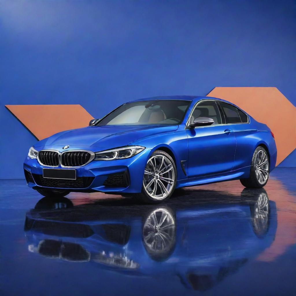 A brand new, shiny BMW car in a deep, rich blue color, perfectly designed and displayed in a vibrant and dynamic background.