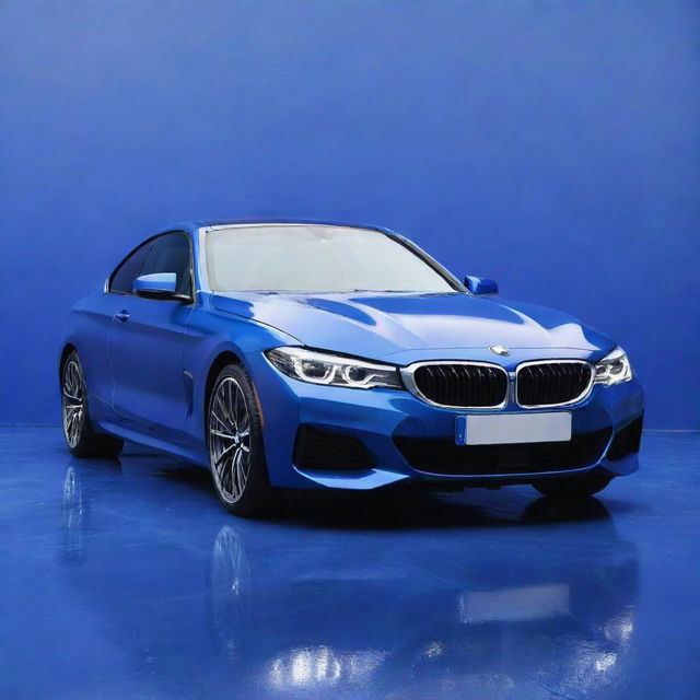 A brand new, shiny BMW car in a deep, rich blue color, perfectly designed and displayed in a vibrant and dynamic background.