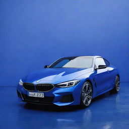 A brand new, shiny BMW car in a deep, rich blue color, perfectly designed and displayed in a vibrant and dynamic background.