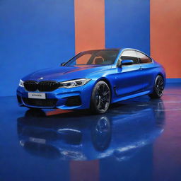 A brand new, shiny BMW car in a deep, rich blue color, perfectly designed and displayed in a vibrant and dynamic background.