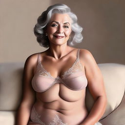 A high-quality digital art piece featuring a mature woman in her 50s, with a full figure, dressed in tasteful lingerie