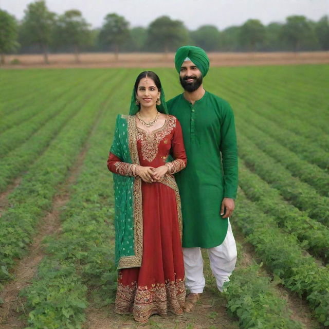 3D image of a Punjabi woman and Punjabi man together in a lush green khet (field) wearing traditional clothing.