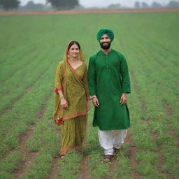 3D image of a Punjabi woman and Punjabi man together in a lush green khet (field) wearing traditional clothing.