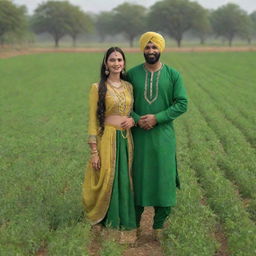 3D image of a Punjabi woman and Punjabi man together in a lush green khet (field) wearing traditional clothing.