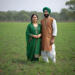 3D image of a Punjabi woman and Punjabi man together in a lush green khet (field) wearing traditional clothing.