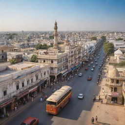 A hyper-realistic cityscape of Hyderabad showcasing its signature architecture, vibrant culture, and bustling streets under a clear, sunny sky.