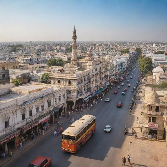 A hyper-realistic cityscape of Hyderabad showcasing its signature architecture, vibrant culture, and bustling streets under a clear, sunny sky.