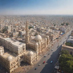 A hyper-realistic cityscape of Hyderabad showcasing its signature architecture, vibrant culture, and bustling streets under a clear, sunny sky.