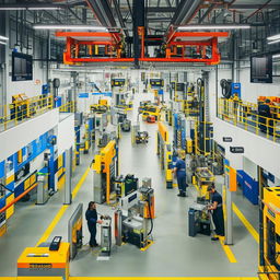 An interior view of a modern battery service station bustling with activity, featuring advanced charging stations, digital displays, and technicians at work.