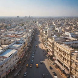 A hyper-realistic cityscape of Hyderabad showcasing its signature architecture, vibrant culture, and bustling streets under a clear, sunny sky.