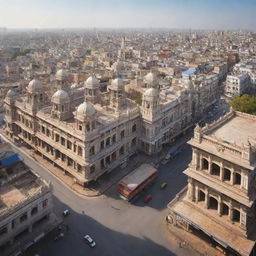 A hyper-realistic cityscape of Hyderabad showcasing its signature architecture, vibrant culture, and bustling streets under a clear, sunny sky.