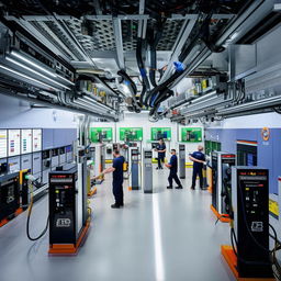 An interior view of a modern battery service station bustling with activity, featuring advanced charging stations, digital displays, and technicians at work.