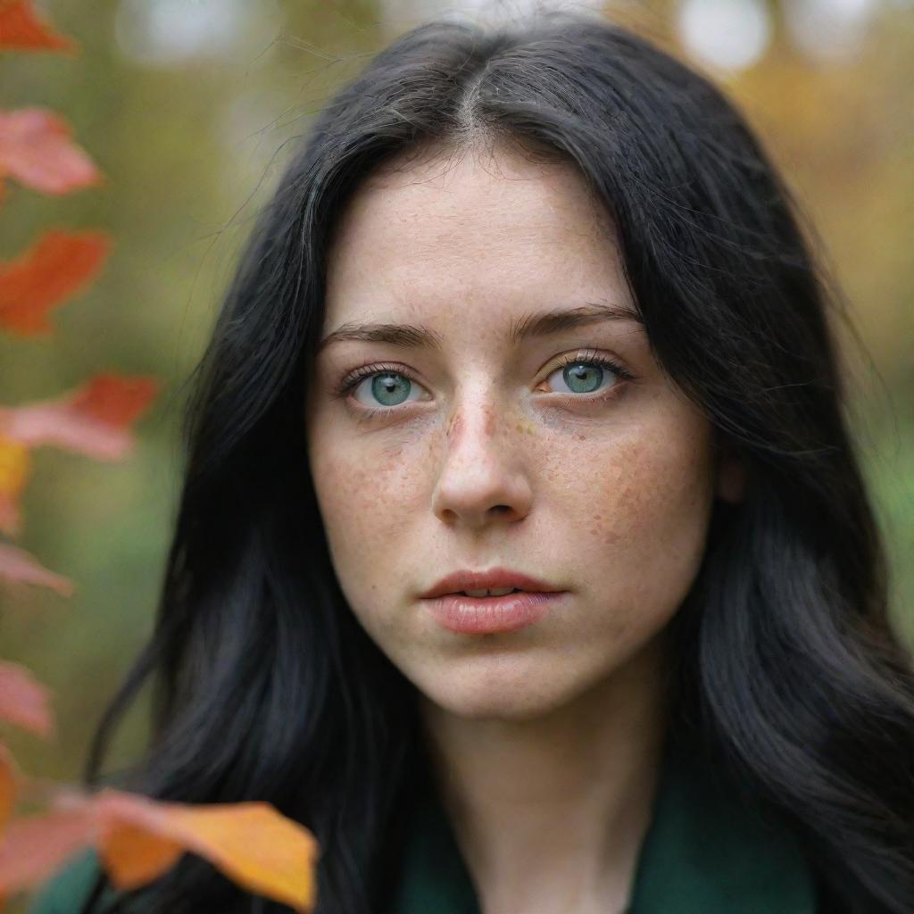 Capture a raw-style 4K HD, medium-distance photo, as though shot by Sony Alpha II and Sony FE 200, of a 23-year-old female with green eyes, freckles, and long black hair, watching autumn leaves drifting down.