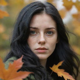 Capture a raw-style 4K HD, medium-distance photo, as though shot by Sony Alpha II and Sony FE 200, of a 23-year-old female with green eyes, freckles, and long black hair, watching autumn leaves drifting down.