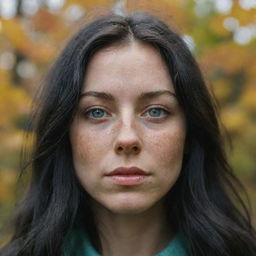 Capture a raw-style 4K HD, medium-distance photo, as though shot by Sony Alpha II and Sony FE 200, of a 23-year-old female with green eyes, freckles, and long black hair, watching autumn leaves drifting down.