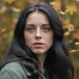 Capture a raw-style 4K HD, medium-distance photo, as though shot by Sony Alpha II and Sony FE 200, of a 23-year-old female with green eyes, freckles, and long black hair, watching autumn leaves drifting down.