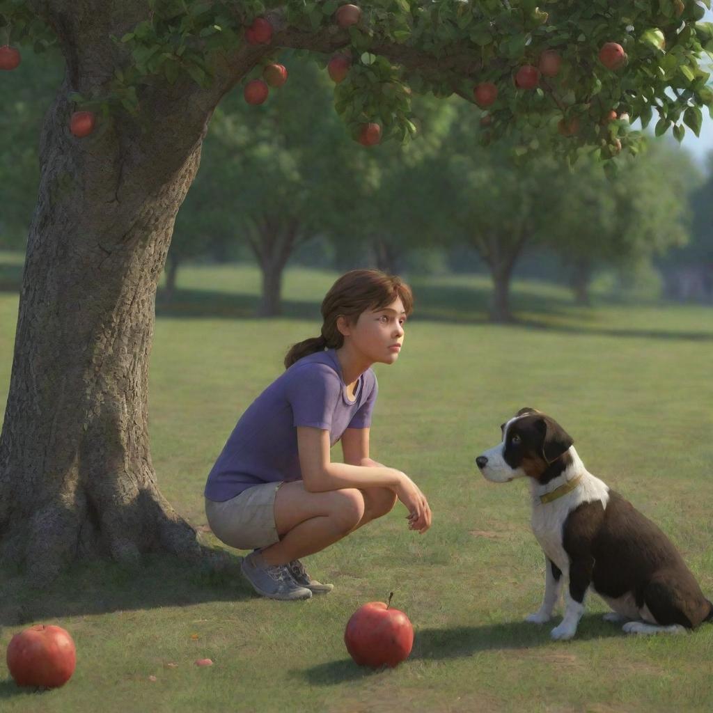 An animated, realistic scene of a girl named Lila crouching under an apple tree, with Jasper, her pet dog, sitting beside her. They are both looking up at an apple, with a discernible connection between them and a look of concern on Lila's face.