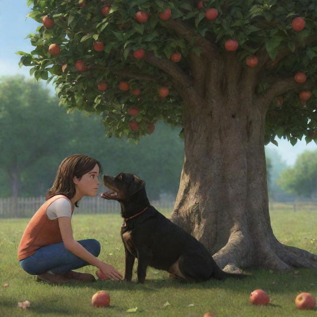 An animated, realistic scene of a girl named Lila crouching under an apple tree, with Jasper, her pet dog, sitting beside her. They are both looking up at an apple, with a discernible connection between them and a look of concern on Lila's face.