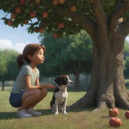 An animated, realistic scene of a girl named Lila crouching under an apple tree, with Jasper, her pet dog, sitting beside her. They are both looking up at an apple, with a discernible connection between them and a look of concern on Lila's face.