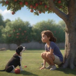 An animated, realistic scene of a girl named Lila crouching under an apple tree, with Jasper, her pet dog, sitting beside her. They are both looking up at an apple, with a discernible connection between them and a look of concern on Lila's face.