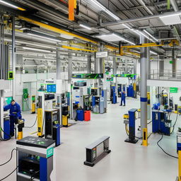 An interior view of a modern battery service station bustling with activity, featuring advanced charging stations, digital displays, and technicians at work.