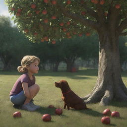 An ultra-realistic, animated image of a girl named Lila and her pet dog, Jasper, under an apple tree. Lila is crouched and Jasper is sitting beside her, both looking up at an apple. The image conveys a strong connection between them and a look of worry on Lila's face.