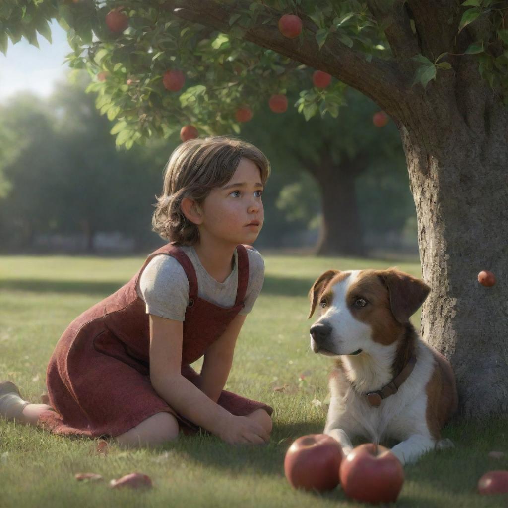 An ultra-realistic, animated image of a girl named Lila and her pet dog, Jasper, under an apple tree. Lila is crouched and Jasper is sitting beside her, both looking up at an apple. The image conveys a strong connection between them and a look of worry on Lila's face.