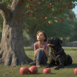 An ultra-realistic, animated image of a girl named Lila and her pet dog, Jasper, under an apple tree. Lila is crouched and Jasper is sitting beside her, both looking up at an apple. The image conveys a strong connection between them and a look of worry on Lila's face.