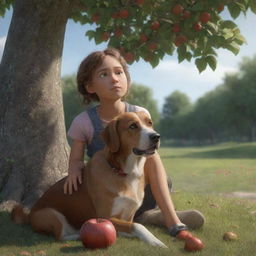 An ultra-realistic, animated image of a girl named Lila and her pet dog, Jasper, under an apple tree. Lila is crouched and Jasper is sitting beside her, both looking up at an apple. The image conveys a strong connection between them and a look of worry on Lila's face.