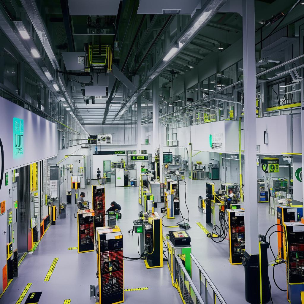 An interior view of a modern battery service station bustling with activity, featuring advanced charging stations, digital displays, and technicians at work.